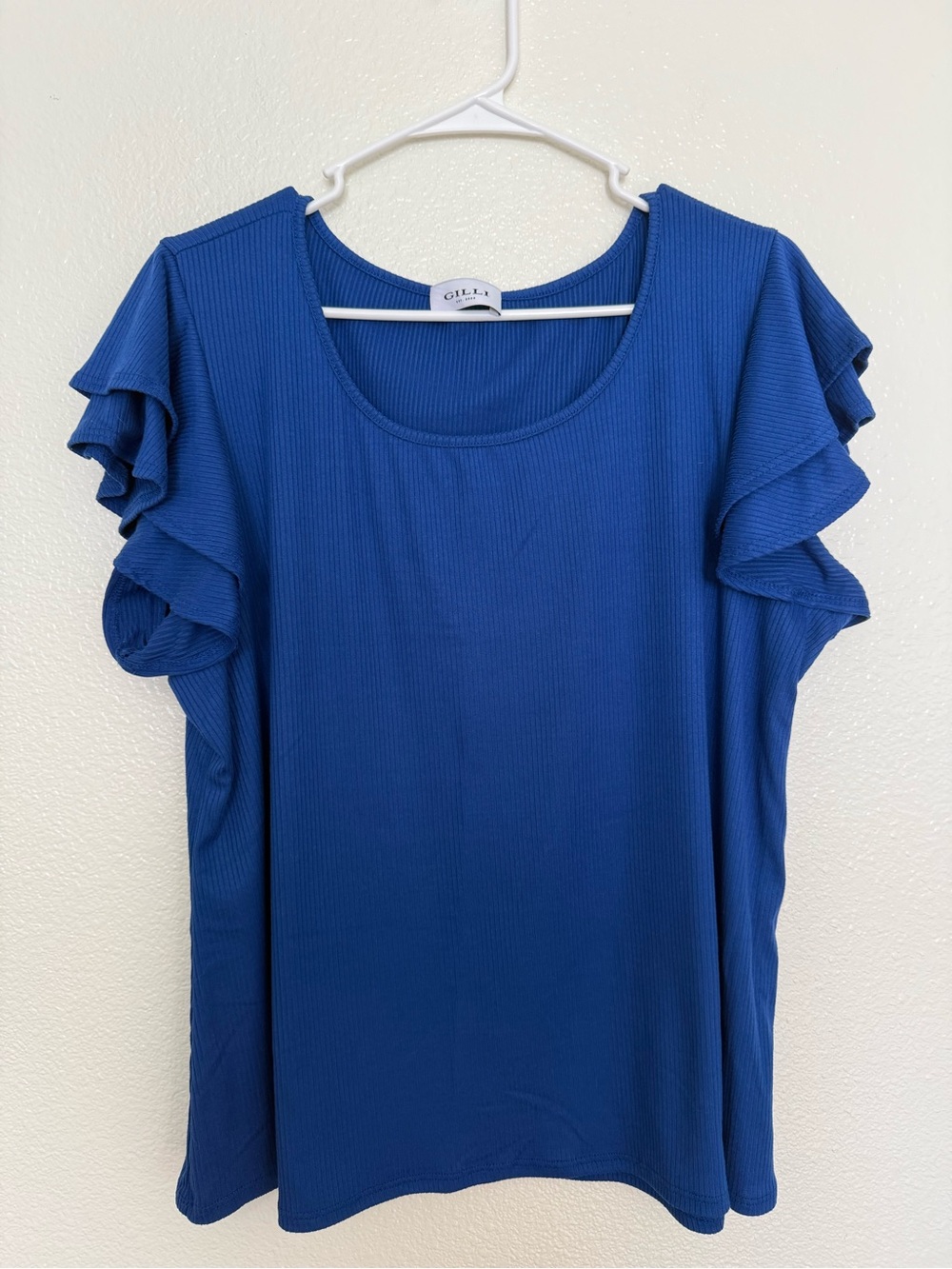 Gilli Cobalt Blue Scoop Neck Top with Ruffle Sleeves